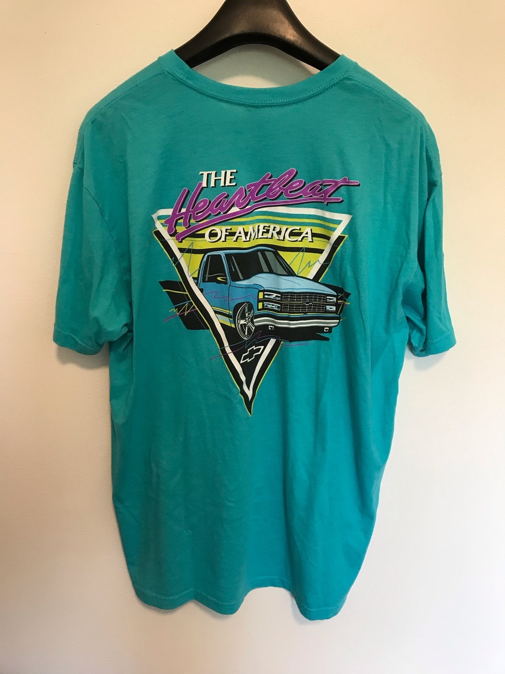 Chevrolet Chevy Heartbeat Of America Teal Truck T-Shirt Men’s 2XL